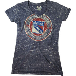 Majestic NHL New York Rangers Tee Women's M Distressed V-Neck Hockey Shirt
